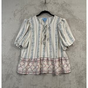 Cece Coquette Floral Puff Sleeve Blouse With Bead Tassels Sz XL Cottagecore Boho